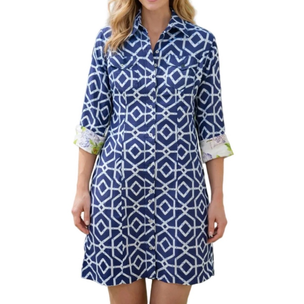 Dizzy Lizzie Sag Harbor Royal Blue & White Button Down Shirt Dress